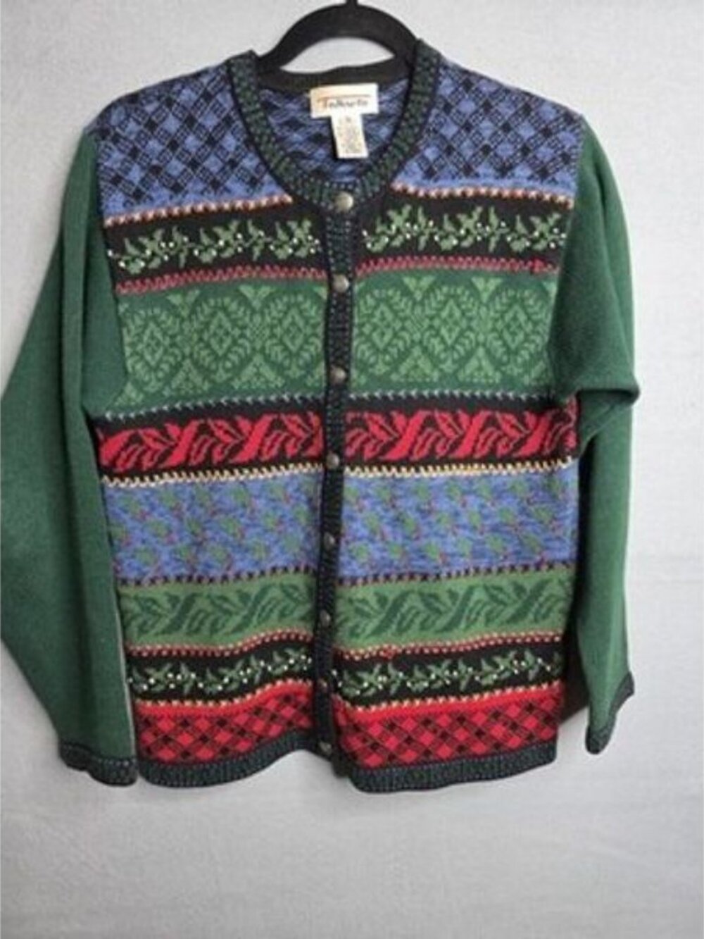 Vintage Talbots Multi Pattern Holiday Cardigan Sweater Women’s Size Small